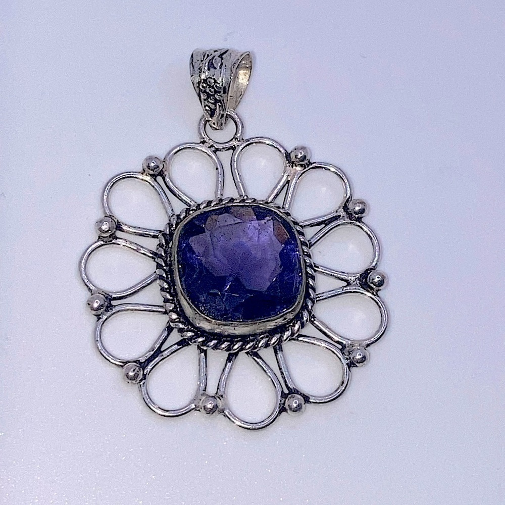 Vtg Amethyst Square Facet Cut Stone Unmarked Silver Tone Pendant 1.7”